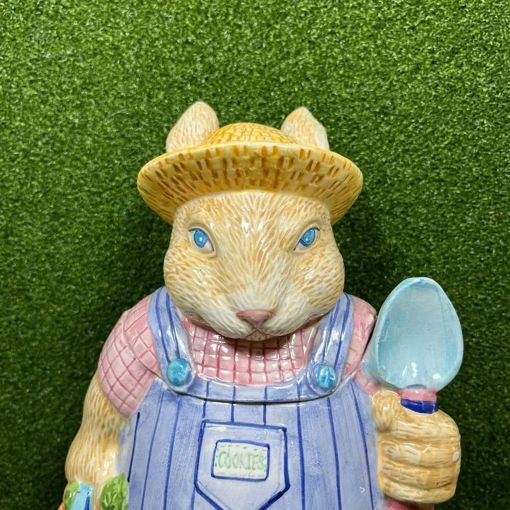 Vintage 90s Hand Painted Ceramic Farmer Rabbit Cookie Jar